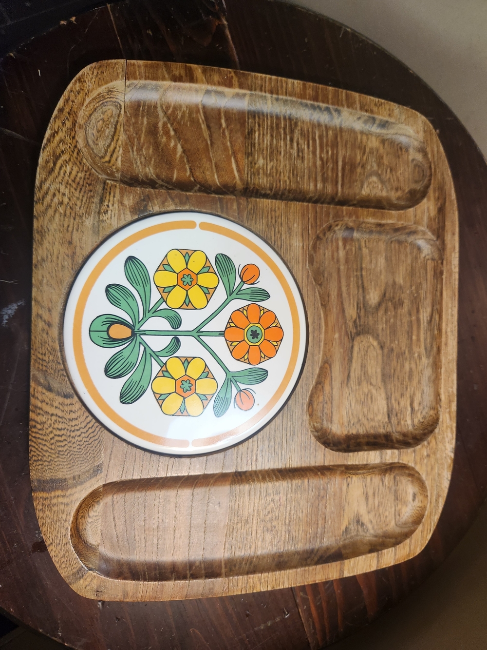 Wood Snack Tray with Floral Ceramic Insert - Green, Yellow, Orange